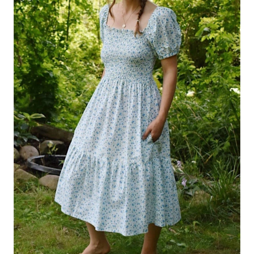 o.p.t Floral Smocked Puff Sleeve Cotton Midi Dress Small Cottagecore Pockets